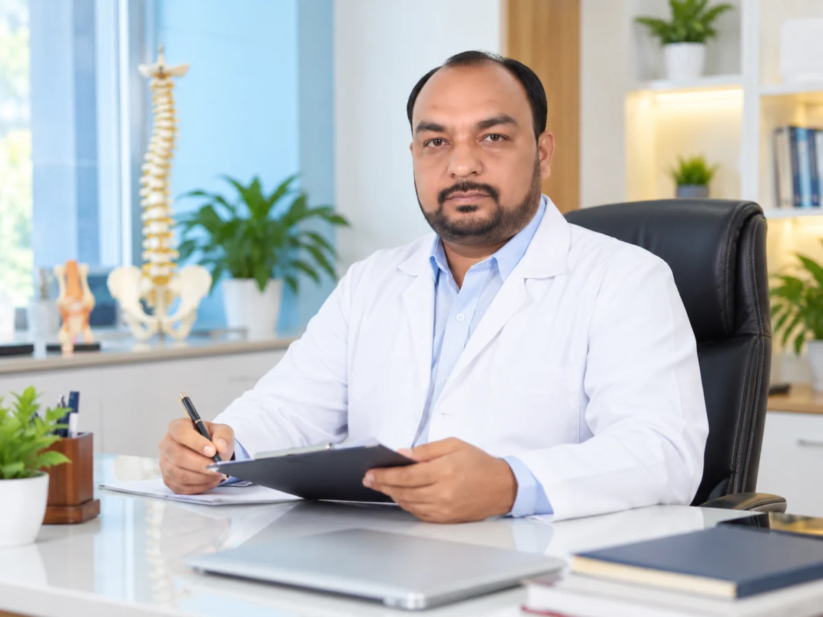 डॉक्टर मेज़ पर परामर्श देते हुए, पीछे रीढ़ का मॉडल (चित्रात्मक छवि)