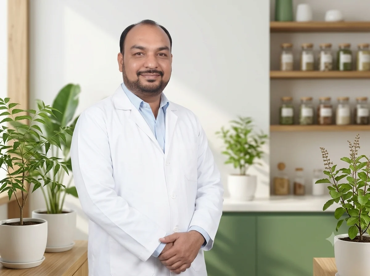डॉक्टर आयुर्वेदिक क्लिनिक में खड़े हुए (चित्रात्मक छवि)